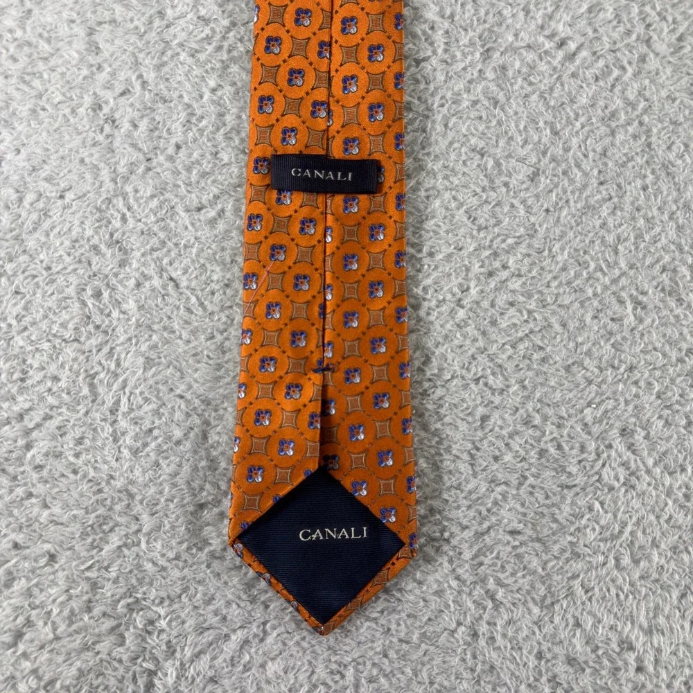 Canali Mens Silk Tie Orange Blue Geometric Floral Medallion Made in Italy